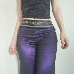 Gorgeous vintage 90s purple satin & black mesh flared pants with embroideries